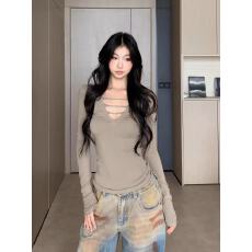 批发WITHMIN 修身长袖t恤女秋冬新款<b class='q'>显瘦</b>纯欲性感内搭打底衫女上衣服