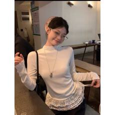 宋正恩白色半高领蕾丝磨毛内搭打底衫女冬季修身显瘦长袖t恤上衣