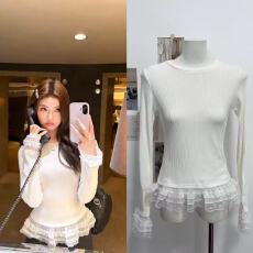 批发地球店白色精致蕾丝边打底针织衫女秋冬内搭显瘦修身长袖T恤上衣