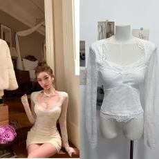 批发OYFF凡凡塞纳花房法式设计感浮雕蕾丝V领<b class='q'>衬衫</b>女收腰<b class='q'>修身</b>上衣