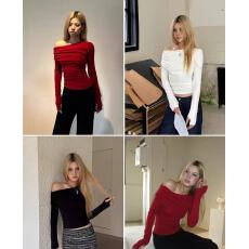 批发Audwyn斜肩长袖打底衫女褶皱秋冬露肩修身内搭设计感百搭外穿上衣