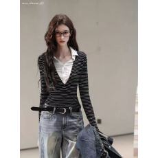 批发Bulletnini微透polo领天丝羊毛修身显瘦条纹假两件高智长袖打底女