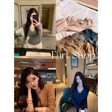 批发【Fart Shop】莎莉花园 蕾丝V领露背薄绒长袖秋冬T恤女打底衫