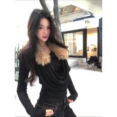 批发黑色假两件毛毛荡领长袖T恤女秋冬季辣妹气质<b class='q'>修身</b>内搭打底衫上衣