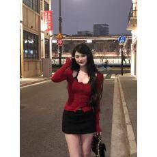 批发刘德瓜LDG【女主播2.0】红色<b class='q'>蕾丝</b><b class='q'>打底衫</b>挂脖拼接性感修身短上衣