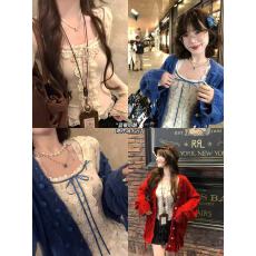 批发ALITTLE 乱糟糟“蓝莓奶酪”小碎花木耳边<b class='q'>蕾丝</b>蝴蝶结长袖内搭上衣