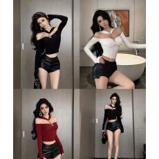 批发FORNIS 辣妹圆环挂脖长袖上衣PU直筒<b class='q'>短裤</b>