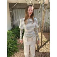 SOOMIE 韩系灰白条纹娃娃领斗篷长袖小衫女百搭可爱显瘦收腰上衣