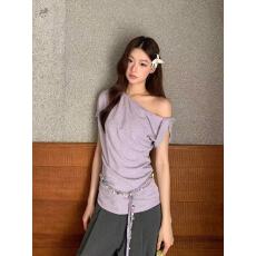 批发红人馆短袖t恤女2026新款夏季穿搭蕾丝紫色修身韩系斜肩<b class='q'>露肩</b><b class='q'>上衣</b>