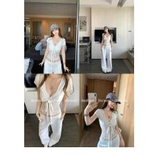 批发板栗可可Bankelili'素素美女套组'V领系带罩衫/宽松阔腿裤套装女