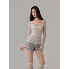 批发NONCESTNON <b class='q'>原创</b><b class='q'>设计</b>蕾丝纯欲显瘦修身浅粉长袖上衣荡领打底长袖