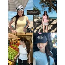 批发施薇靓 曲线解密Tee 早春上衣女天丝羊毛高弹圆领短袖T恤/V领背心