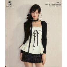 批发POPWEST丨韩女三件套针织开衫外套花边蝴蝶结吊带上衣波点短裙套