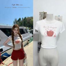 批发迟伞伞26/ss 林檎软糖 jor*a印花苹果长袖/短袖tee车厘子红短<b class='q'>裤</b>