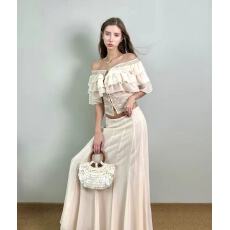 批发Jqwention 2026SS 春夏水粉色荷叶边一字肩修身显瘦长裙<b class='q'>两件</b>套<b class='q'>女</b>