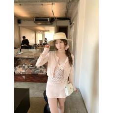 批发孔真烦呐 早春漂亮<b class='q'>套装</b>纯欲波点<b class='q'>蕾丝</b>V领吊带长袖外搭针织衫半身裙