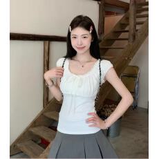 批发morning bloom<b class='q'>蕾丝</b>拼接绑带短袖<b class='q'>T</b><b class='q'>恤</b>女2026夏季新款收腰泡泡袖上衣