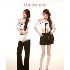 批发莉安 截短款蕾丝一字肩上衣风琴褶百褶半裙屁帘微喇长<b class='q'>裤</b>套装