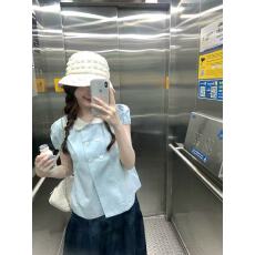 批发PtonUmi<b class='q'>夏</b>日优等生 娃娃领双排扣短袖衬衫女漂亮穿搭百搭显瘦上衣