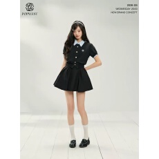 批发POPWEST丨夏日撞色拼接假两件<b class='q'>短袖</b>卫衣开衫上衣<b class='q'>外套</b>蓬蓬半裙套装