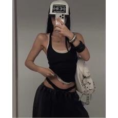 批发rovente 麻豆公式亚麻黑白拼色真两件吊带<b class='q'>背心女</b>辣妹紧身无袖上衣