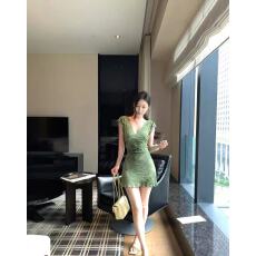 批发Wuu2sweet吴太甜 蕾丝小飞袖斜裁<b class='q'>豹纹</b>裙女深V性感修身收腰<b class='q'>连衣裙</b>
