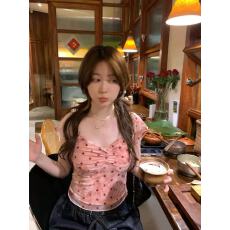 PtonUmi点点夏日 扎染植绒波点短袖T恤女大V领纯欲上衣少女感小衫
