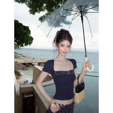 批发谢不肉 方领拼接碎花短袖T恤<b class='q'>女</b>夏季新款印花小众别致修身短款上衣