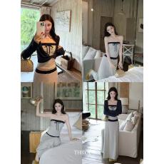 批发谢不肉 撞色条纹抽绳抹胸背心女<b class='q'>秋</b>季直筒弹力a字休闲长款半裙套装