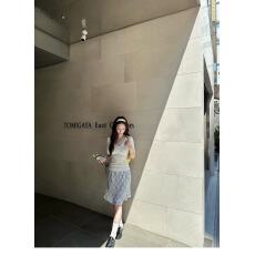 批发Goo Goo Eyes双层<b class='q'>雪纺</b>飘逸蓝格纹<b class='q'>半身裙</b>女夏季花边腰头鱼尾裙中裙