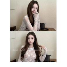 板栗可可Bankelili'南韩欧尼'呼吸感蕾丝薄软透气松弛圆领上衣女