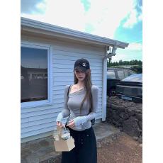批发Tongiiuu Girlsdaily 设计感条纹拼接打底衫女修身内搭T恤上衣秋