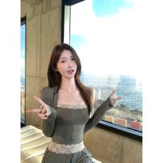 白水女 有娜欧尼 莱赛尔羊毛披肩袖假两件T恤女早秋纯欲温柔上衣