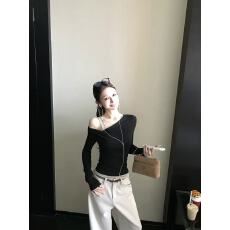 批发Skk Store 乌木浮茶 天丝羊毛假两件露肩长袖针织衫上衣打底衫秋