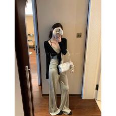 批发e go studio 细条纹吊带<b class='q'>上衣</b>内搭+翻腰休闲长裤阔腿裤女秋冬套装