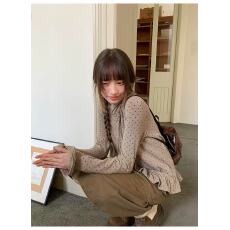 批发你好卡农 波点半高领绑带荷叶边长袖t恤女秋季新款设计感打底衫
