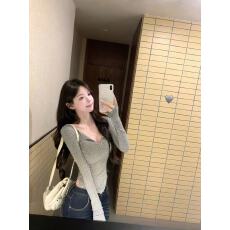 批发白水女 条纹掐腰T 条纹V领T恤女秋<b class='q'>冬</b>韩系设计感修身显瘦纯欲上衣