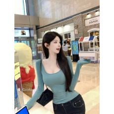 批发白水女 很好穿的tee U领长袖<b class='q'>T</b><b class='q'>恤</b>女早秋韩系修身显瘦纯欲温柔上衣
