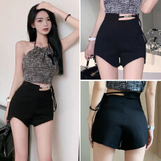 批发原版面料工艺带字母-高腰裤弹力设计感西<b class='q'>装</b>短裤女