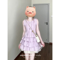 批发紫色无袖蛋糕背心裙女2025新款小个子穿搭收腰花边<b class='q'>拼接</b><b class='q'>连衣裙</b>夏季