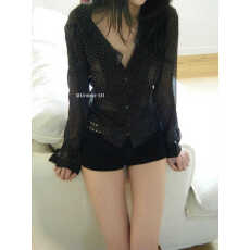 批发<b class='q'>韩国</b>chic秋季新款法式小性感花边V领透视百搭长袖雪纺碎花衬衫女