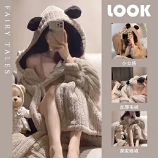 批发ins韩版简约纯色中长款睡袍秋冬季睡衣女加厚舒适少女外穿家居服