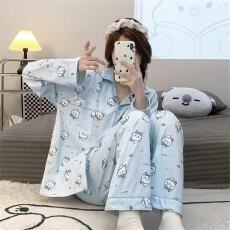 批发（现货云朵棉）双长春秋季<b class='q'>睡衣</b>女外穿卡通印花翻领开衫两件套套装