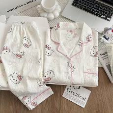 批发（现货云朵棉）双长春秋季睡衣女外穿卡通<b class='q'>印花</b>翻领开衫两件套<b class='q'>套装</b>