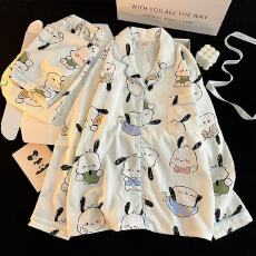 现货云朵棉双长春秋季睡衣女外穿卡通印花翻领开衫两件套套装