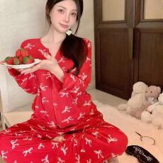 批发（冰丝螺纹）春秋季蝴蝶结印花V领睡衣女长袖开衫可外穿家居服