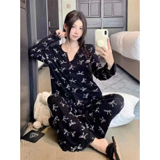 冰丝螺纹春秋季蝴蝶结印花V领睡衣女长袖开衫可外穿家居服