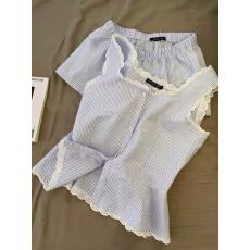 批发（云朵棉）夏季条纹<b class='q'>蕾丝</b>吊带开衫短裤睡衣女甜美少女可外穿家居服