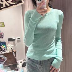 批发包芯纱 风穿搭修身套头打底针织衫女春秋装圆领内搭正肩长袖上衣