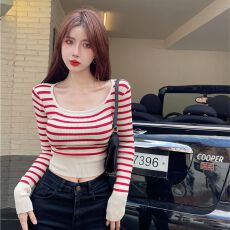 批发长袖针织衫2025秋季新款条纹修身短款打底衫内搭上衣女装